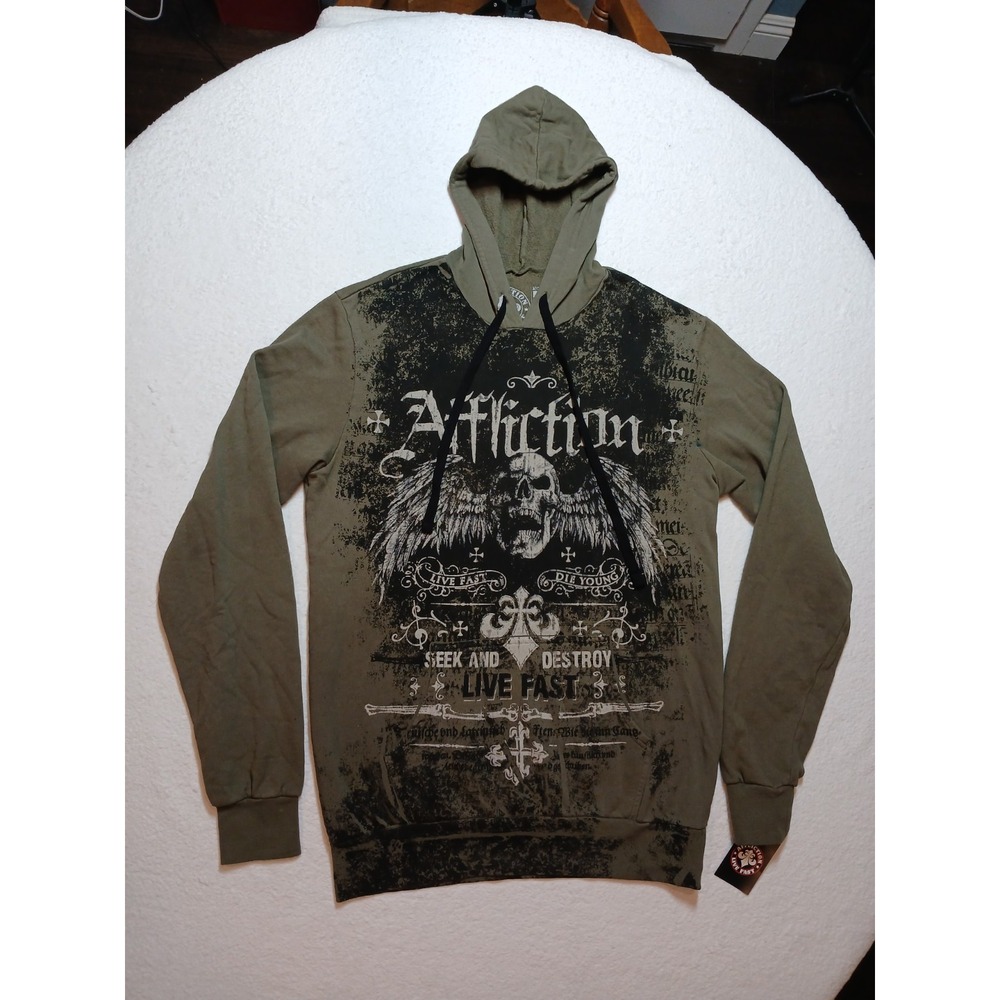 NWT Affliction Hoodie Mens M Oracle Olive Green Lava Wash Skull Wings Y2K New